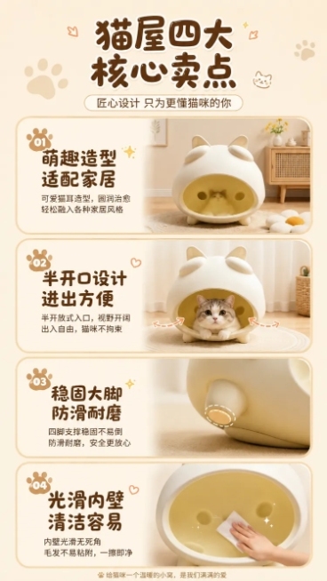 详情页第二屏，猫屋四大核心卖点展示卡片设计，温馨萌系风格，奶杏底色。四个圆角卖点卡片从上到下排列，每个卡片配图标和文字说明。卖点分别是萌趣造型 适配家居，半开口设计 进出方便，稳固大脚 防滑耐磨，光滑预览效果
