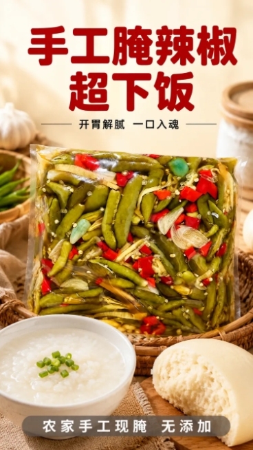 [第1屏] 详情页头图-手工腌辣椒下饭宣传海报。
[氛围/风格] 农家烟火食欲风，暖调浅木色背景，真实食材质感，接地气的美食商业摄影。
[元素布局] 袋装手工腌辣椒放置在画面中下区域，占据画面约70%预览效果
