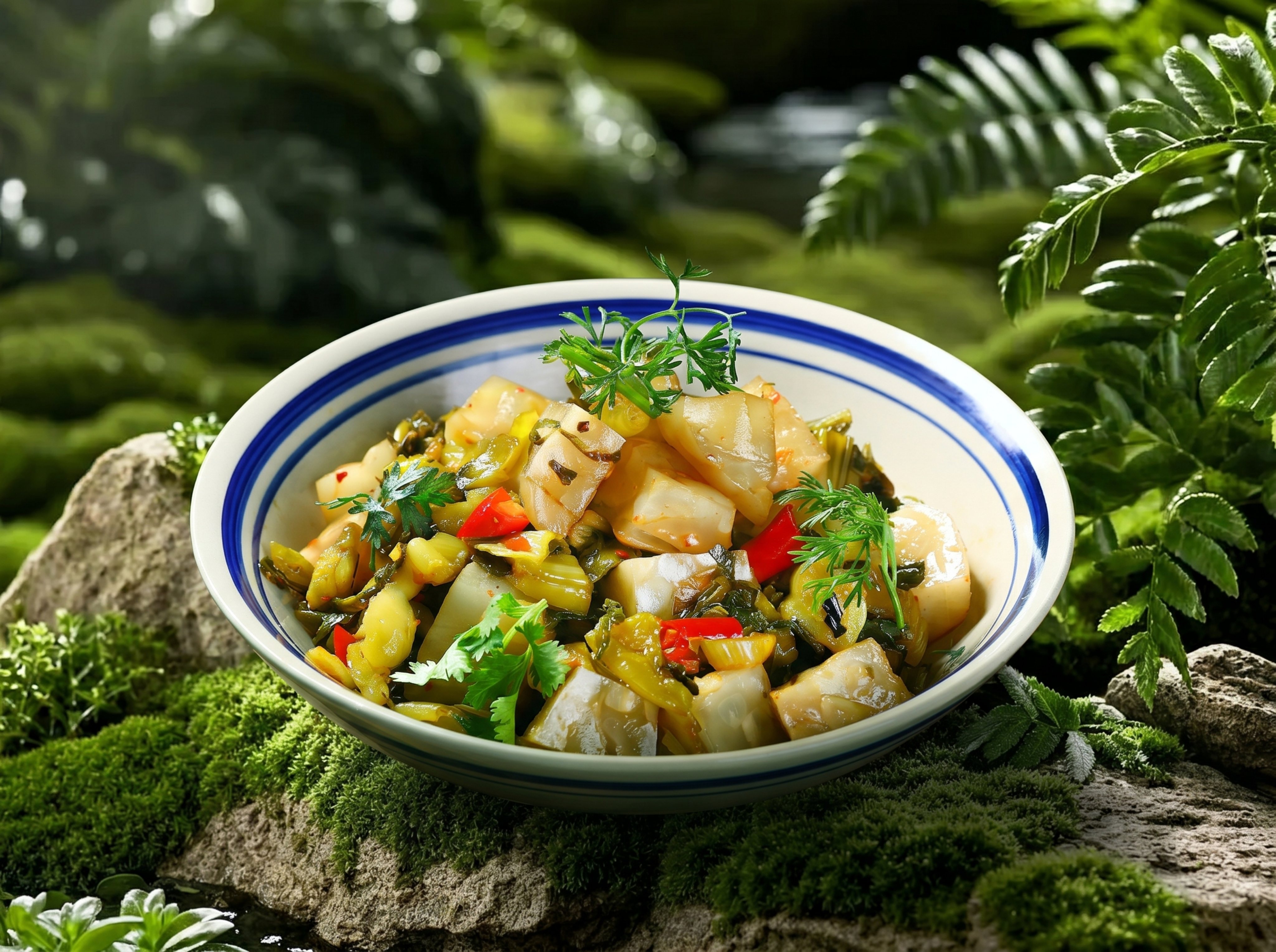酸菜炒饵块这道美食，严格参照上传第一张产品图，完整保留所有可见… - 图片创意预览