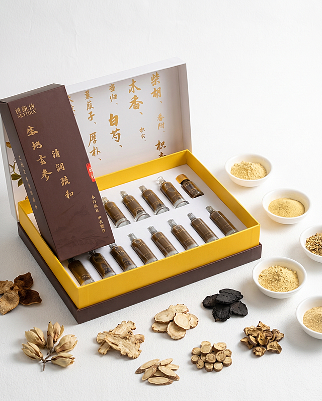 商业产品摄影，呈现一个 premium Chinese herbal wellness box named "生地玄参清润疏和套"。
主体：中药保健套盒严格参照上传产品图，完整保留所有可见组件、轮廓、结构、比例、材质、颜色与产品本体上的文字信息（logo/型号/规格/参数/文字等），与上传图完全一致，包装不扭曲，Logo清晰完整。产品为第一视觉焦点，完整展示套盒打开形态，右侧预留文案留白空间。背景为纯净白色纹理背景，产品自然融入场景。
场景：极简纯色，高级背景，干净 calm atmosphere，清新禅意新中式风格。围绕盒子周边散落晒干的陈皮、玉兰花、当归片、生地片、玄参段、柴胡段、香附，右侧摆放几个纯白色小碗，每个碗中盛放浅黄色中药粉。
构图：产品位于画面中心偏左，左侧柔焦浅景深，右侧留有干净文案留白空间，45度斜侧平视，背景无其他同类产品。
配色/材质：哑白色礼盒，深棕色腰带搭配烫金书法文字；陈皮干棕黄，玉兰花米白，当归片浅棕，各种中药材自然原色，小碗纯白，中药粉浅黄；纯背景奶白；哑面白卡纸/深棕特种纸/金箔/陶瓷/干植物/粉质药材。
光影：主光来自左侧柔光，柔和晨光照亮产品主体，哑光礼盒呈现细腻质感，右侧浅柔阴影，整体氛围干净平静通透。
参数：8K，超写实商业摄影，清晰细节。严格锁定宽高比为 4:5，移除原有的茶杯，替换成指定中药材和小碗中药粉。