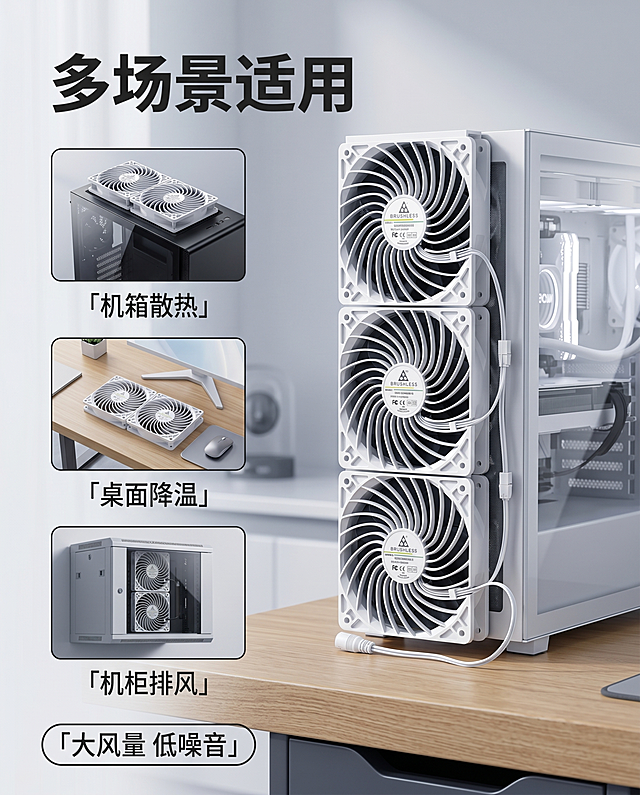 电脑散热风扇严格参照上传产品图，完整保留所有可见组件、轮廓形状、结构、比例、材质质感，产品本体上的文字信息与上传图完全一致；特别保证电源线全部修改为白色，与产品风扇颜色保持一致。
室内办公桌面场景，搭配立式侧透电脑机箱，浅灰冷调极简风格。
参考图构图，产品放置于电脑机箱外侧，整体展示多场景应用，主图产品在右侧，左侧展示文字和小场景示例。柔和左侧自然光，产品受光面泛起浅灰冷色、暗部映射深灰光晕，与环境物理融合。
产品位置为右侧主体，中景构图，微侧20°视角，更换所有场景元素款式。
全量换款清单：①主机箱：参考图银灰直角边框立式机箱 → 生成图白色玻璃侧透MATX机箱；②桌面：参考图浅灰色哑光桌面 → 生成图浅橡木纹实木桌面；③文字标题：保留“多场景适用”文字内容，字体调整为更粗的现代无衬线字体；④小场景1：保留机箱顶部安装场景，机箱款式换黑色ITX小机箱；⑤小场景2：保留桌面放置降温场景，桌面搭配更换为银灰色无线鼠标垫；⑥小场景3：保留机柜排风场景，机柜款式换灰色壁挂网络机柜；⑦底部标语：保留“大风量 低噪音”文字内容，边框换方形圆角。
消除产品本体之外多余水印和无关标注。4K分辨率，严格锁定宽高比为 4:5。