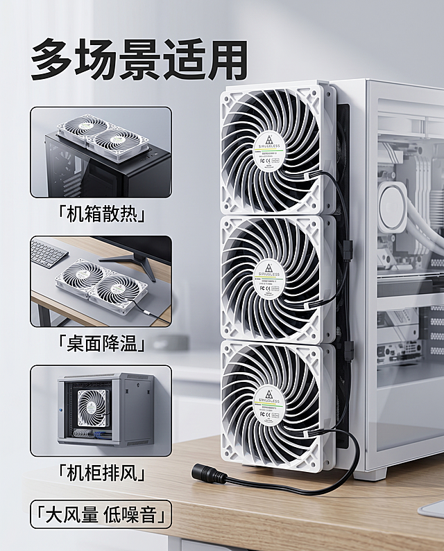 电脑散热风扇严格参照上传产品图，完整保留所有可见组件、轮廓形状、结构、比例、材质质感、颜色，特别保证电源线样式与上传图完全一致，与产品本体上的文字信息与上传图完全一致。
室内办公桌面场景，搭配立式侧透电脑机箱，浅灰冷调极简风格。
参考图构图，产品放置于电脑机箱外侧，整体展示多场景应用，主图产品在右侧，左侧展示文字和小场景示例。柔和左侧自然光，产品受光面泛起浅灰冷色、暗部映射深灰光晕，与环境物理融合。
产品位置为右侧主体，中景构图，微侧20°视角调整，更换所有场景元素款式。
全量换款清单：①主机箱：参考图银灰直角边框立式机箱 → 生成图白色玻璃侧透MATX机箱；②桌面：参考图浅灰色哑光桌面 → 生成图浅橡木纹实木桌面；③文字标题：参考图“多场景适用” → 保留文字内容，字体调整为更粗的现代无衬线字体；④小场景1：参考图机箱顶部安装 → 生成图保持机箱顶部安装场景，机箱款式换黑色ITX小机箱；⑤小场景2：参考图桌面放置降温 → 生成图保持桌面放置场景，桌面搭配更换为银灰色无线鼠标垫；⑥小场景3：参考图机柜排风 → 生成图保持机柜排风场景，机柜款式换灰色壁挂网络机柜；⑦底部标语：参考图“大风量 低噪音” → 保留文字内容，边框换方形圆角。
消除产品本体之外多余水印和无关标注。4K分辨率，严格锁定宽高比为 4:5。