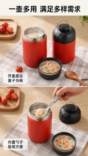 使用电商详情页技能根据商品图「图片1」「图片1」「图片1」「图片1」「图片1」生成1套详情页，参考图为，商品名称为大容量焖烧壶，卖点为304不锈钢内胆、自带金属提手、内置不锈钢勺子、盖子可以当小碗，适预览效果