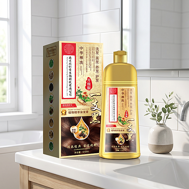 南京同仁堂一支黑染发膏，现代简约浴室洗手台场景，产品放置在白色陶瓷台面上，旁边搭配简约绿植装饰，干净明亮自然光，严格保留产品包装所有文字和细节，产品主体清晰，4K写实商业摄影，严格锁定宽高比为 1:1