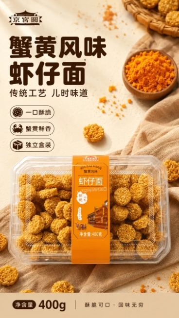 「图片1」，生成一套详情页（6张），商品名称是京宫圆虾仔面400g（蟹黄风味），适配淘宝/天猫平台，详情页比例为9:16预览效果