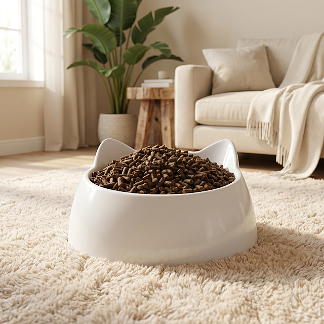 超写实温馨家居场景摄影。主体：一只白色猫耳造型狗粮碗，盛满颗粒状狗粮，严格参照上传图，完整保留碗体造型、猫耳细节与狗粮颗粒质感；放置于浅米色毛绒地毯上，背景为奶油风客厅，有绿植盆栽与木质小边几；光线柔和明亮，主光来自左侧窗光45°斜入，整体氛围温馨舒适，无其他干扰元素。构图：中景俯视角度，狗粮碗居画面中央偏左，留白自然。参数：4K超高清，宽高比1:1