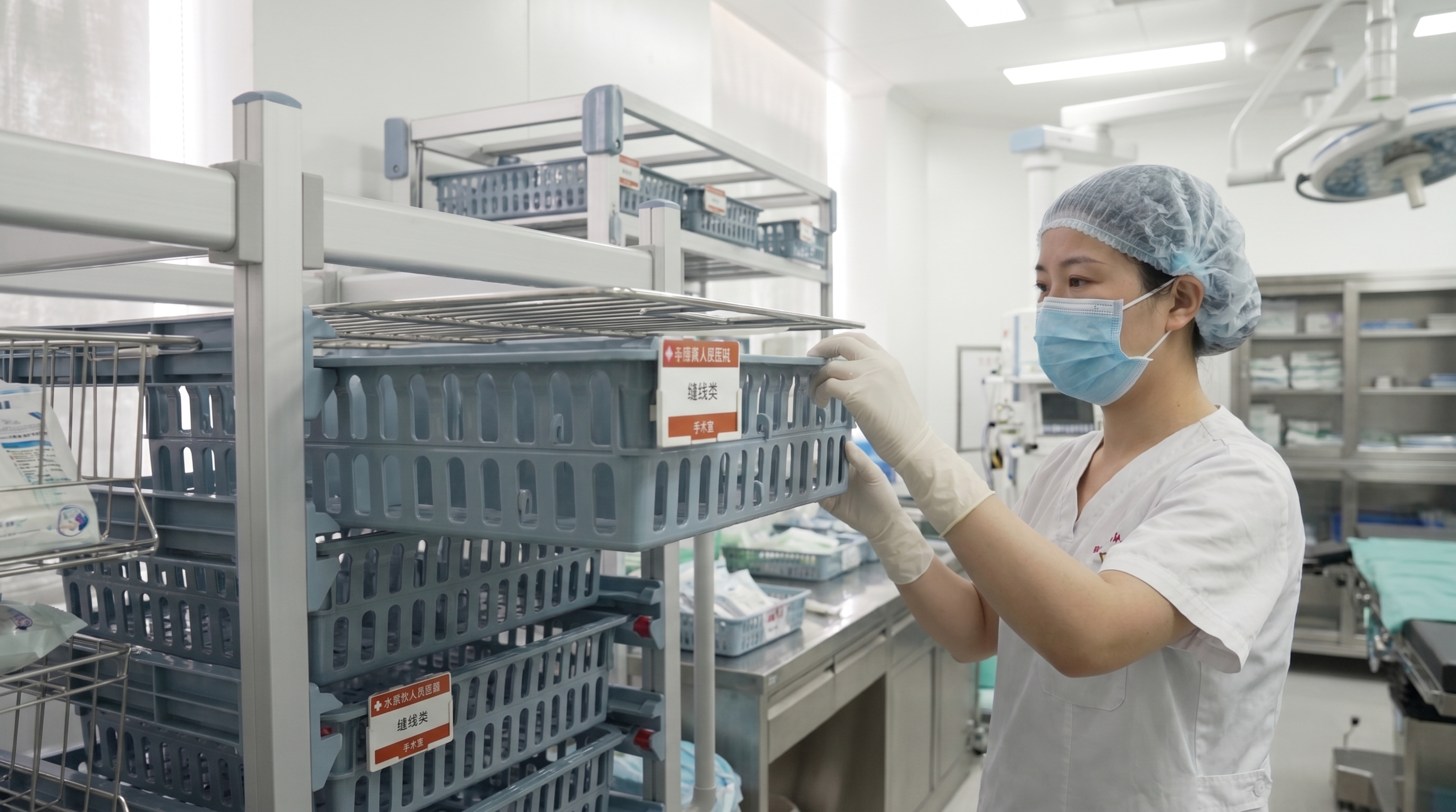 基于原图保留货架、浅蓝色塑料篮子及标签信息不变，增加一位中国女… - 图片创意预览