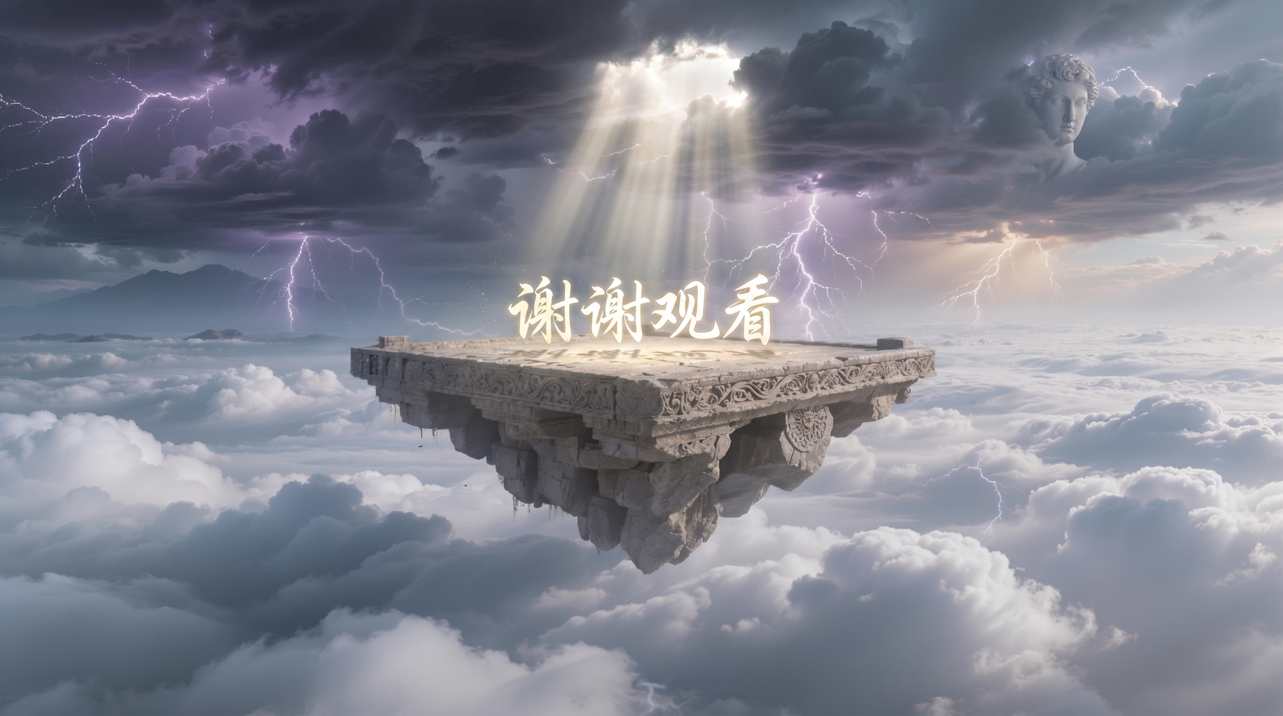 在原图像基础上修改：保留整体悬浮石质平台和云海雷雨闪电场景，在… - 图片创意预览