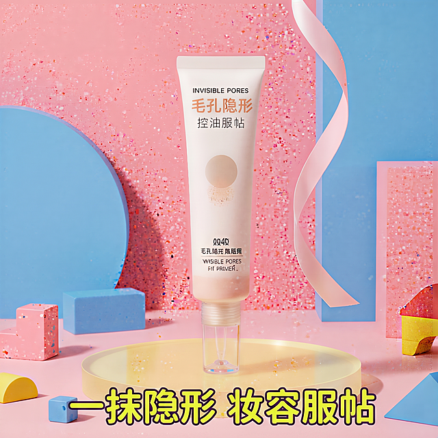 在画面底部添加清晰的文案"一抹隐形 妆容服帖"，字体活泼明快，保留原产品和多巴胺几何展台场景不变，添加文案后整体自然和谐。原图是多巴胺波普风格展台上的贴贴霜展示，保留全部原有元素和构图，仅增加文案。严格锁定宽高比为 1:1。