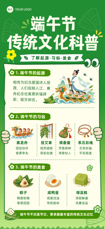 端午节节日知识科普清新插画风全屏竖版海报预览效果