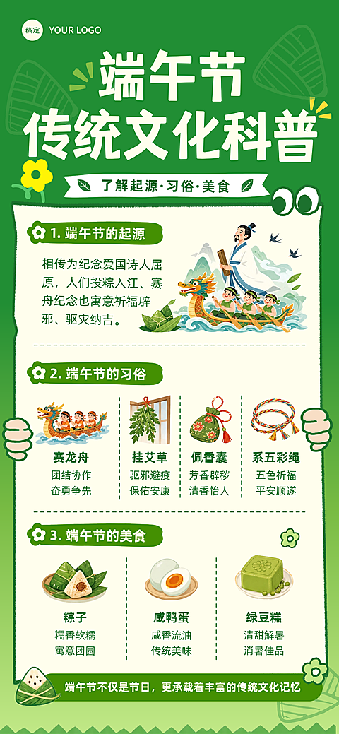 端午节节日知识科普清新插画风全屏竖版海报