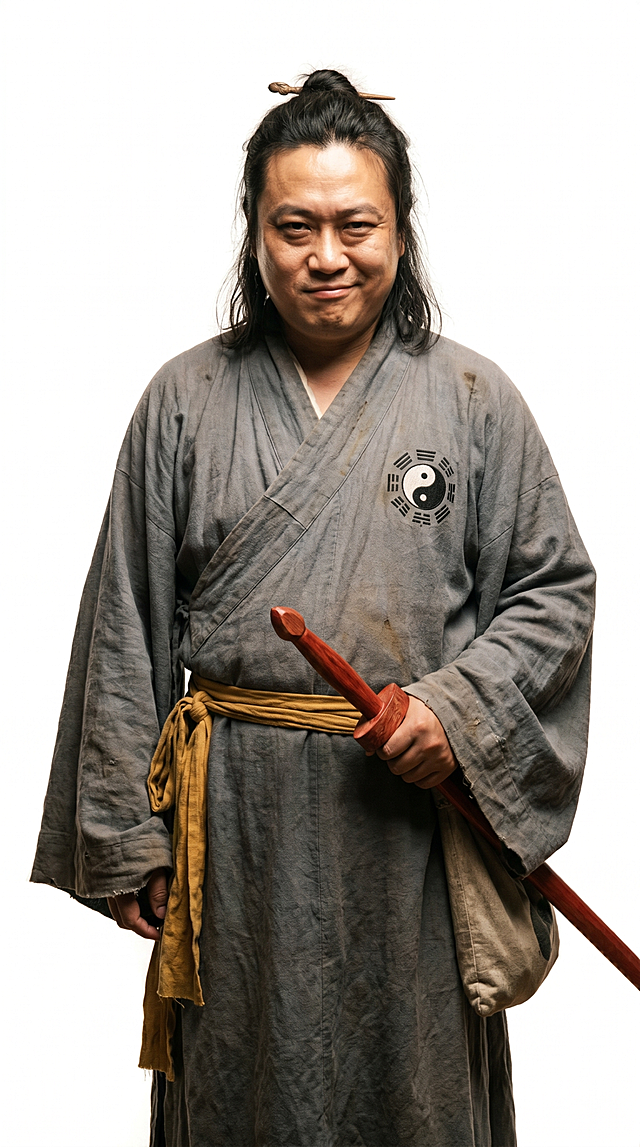 电影摄影质感，胶片柔光浅景深，暖褐调胶片调色，自然光，真人实拍，30至40岁中年男性全身站立像，中等身材，面相圆润，表情夸张得意带一丝心虚，黑色长发盘松散道髻，穿宽大灰色旧道袍带太极图，黄色旧腰带，背旧布袋，手持红桃木剑，纯白背景，顶光面部高光眼窝阴影
