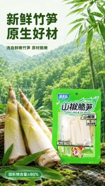 使用电商详情页技能根据商品图「图片1」「图片1」「图片1」「图片1」生成1套详情页，参考图为，商品名称为山椒脆笋，卖点为口感脆嫩；酸辣爽口；低卡零脂，适配平台为京东，图片比例为9:16，需求屏数为8张预览效果