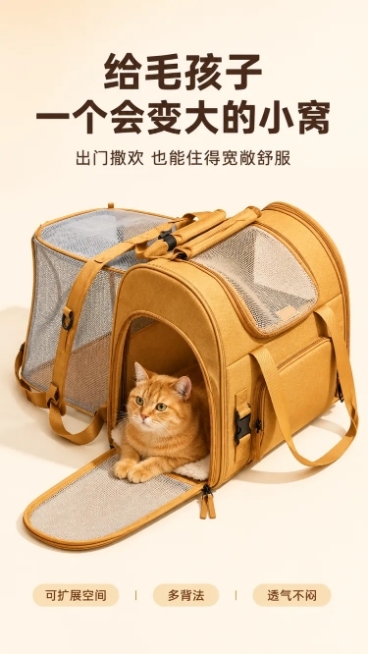 整体参考这个详情页的排版结构、配色风格、字体大小对比、留白比例、图片与文字的位置关系。
模仿它，为我的猫包设计一个详情页。

要求如下：
字体统一用‘阿里巴巴普惠体’。标题要粗，正文要细，核心Slog预览效果