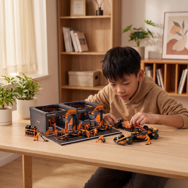 玩具模型套装，严格参照上传产品图（第一张图），完整保留所有可见组件、部件、轮廓形状、结构、比例、材质质感、颜色与上传图完全一致。室内家居桌面场景，自然暖棕原木色调。儿童小男孩俯身玩玩具模型（保留参考图预览效果