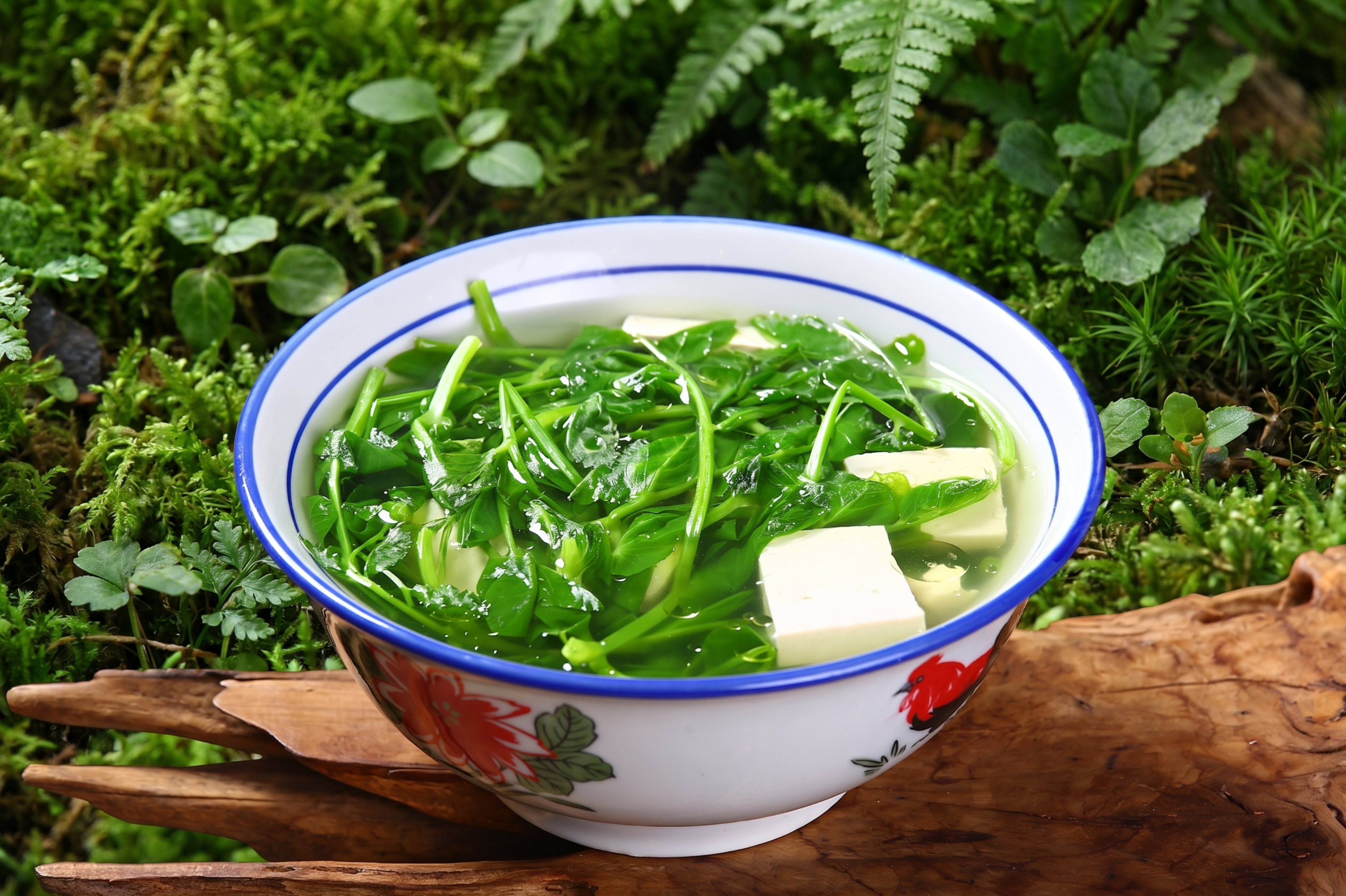 将菜品背景替换为自然苔藓绿植背景，保留汤品主体、汤碗和前景木片… - 图片创意预览