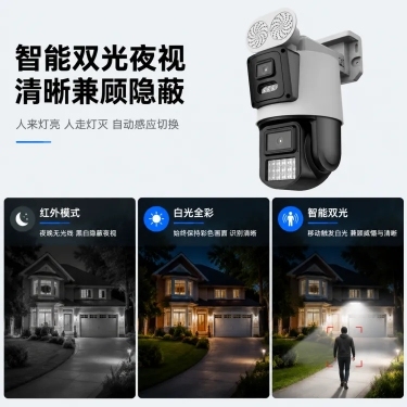 「图片1」参考图片风格，上传您的商品图，生成1套详情页「图片1」双路监控，无死角覆盖 上方固定镜头负责大场景监控，记录全局画面；下方云台镜头可转动，对重点区域、移动物体进行特写追踪。 两个镜头可同时工预览效果