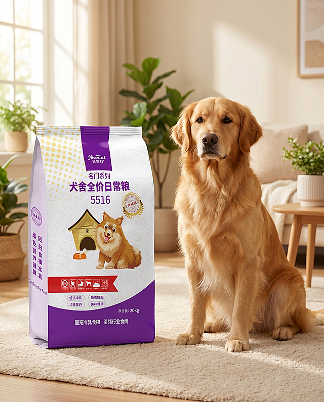 超写实温馨家居场景摄影。主体：一袋耐思科名门系列犬舍全价日常粮5516（20kg），严格参照上传产品图，完整保留包装所有文字、图案、颜色与结构；一只健康漂亮的成年犬（如金毛或边牧）优雅坐在产品右侧，毛发蓬松光亮，神态温顺自信；产品与犬处于同一物理空间，光影一致，地面铺浅米色毛绒地毯，背景为奶油风客厅，有绿植与木质小边几。构图：中景平视，产品居左，成年犬居右，比例协调。风格：温馨生活感、种草氛围。光影：主光来自左侧窗光45°斜入，暖调柔和，无硬阴影。参数：4K超高清，宽高比4:5
