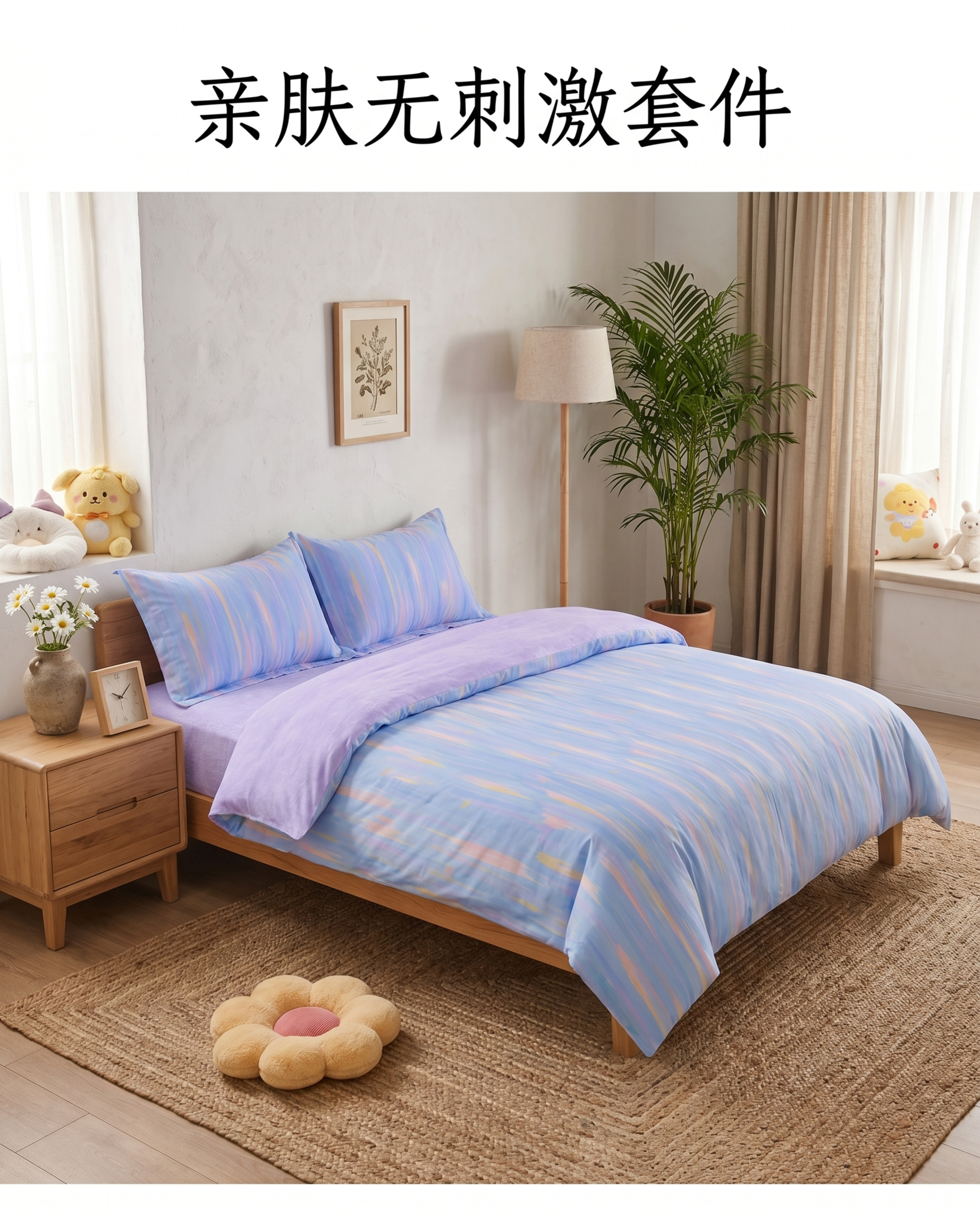 超写实电商主图摄影。 主体：四件套严格参照上传产品图，完整保留… - 图片创意预览