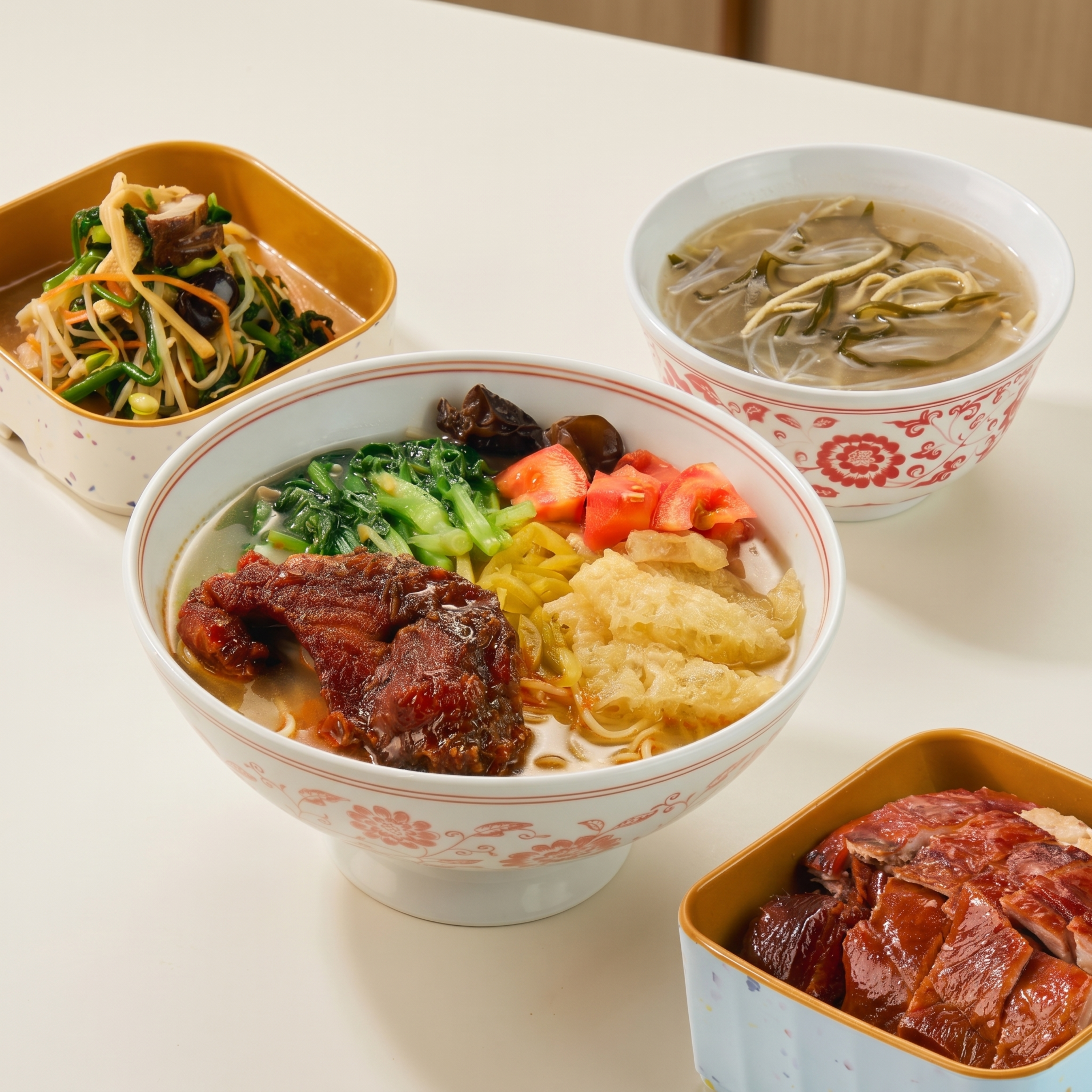 将参考图中的所有菜品整合到一张图里，以第二张的面作为主体，其余… - 图片创意预览