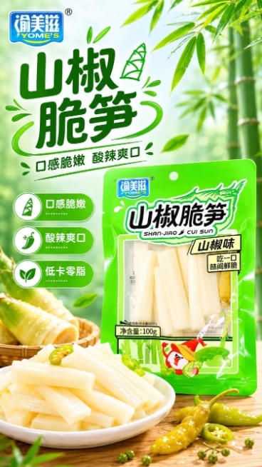 使用电商详情页技能根据商品图「图片1」「图片1」「图片1」「图片1」生成1套详情页，参考图为，商品名称为山椒脆笋，卖点为口感脆嫩；酸辣爽口；低卡零脂，适配平台为京东，图片比例为9:16，需求屏数为8张预览效果