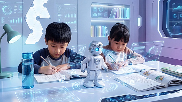 「图片1」帮我用这个产品图生成指导两个中国孩子做作业的场景，要求写实风格，科技风，横版