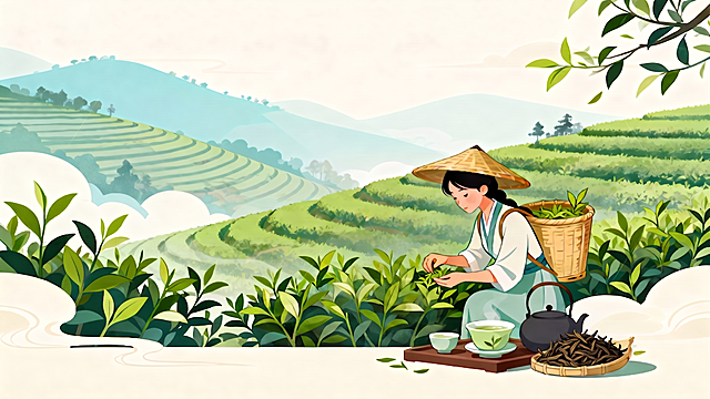 在保持原图国潮插画风格、茶山背景、人物姿态与茶具布局不变的前提下，将前景竹编小篮中的茶叶替换为六堡茶茶叶——呈现深褐色、条索粗壮、略带金毫的典型六堡茶干茶形态；其余元素（采茶女、茶壶、茶杯、桌面等）完整保留，确保画面协调自然。