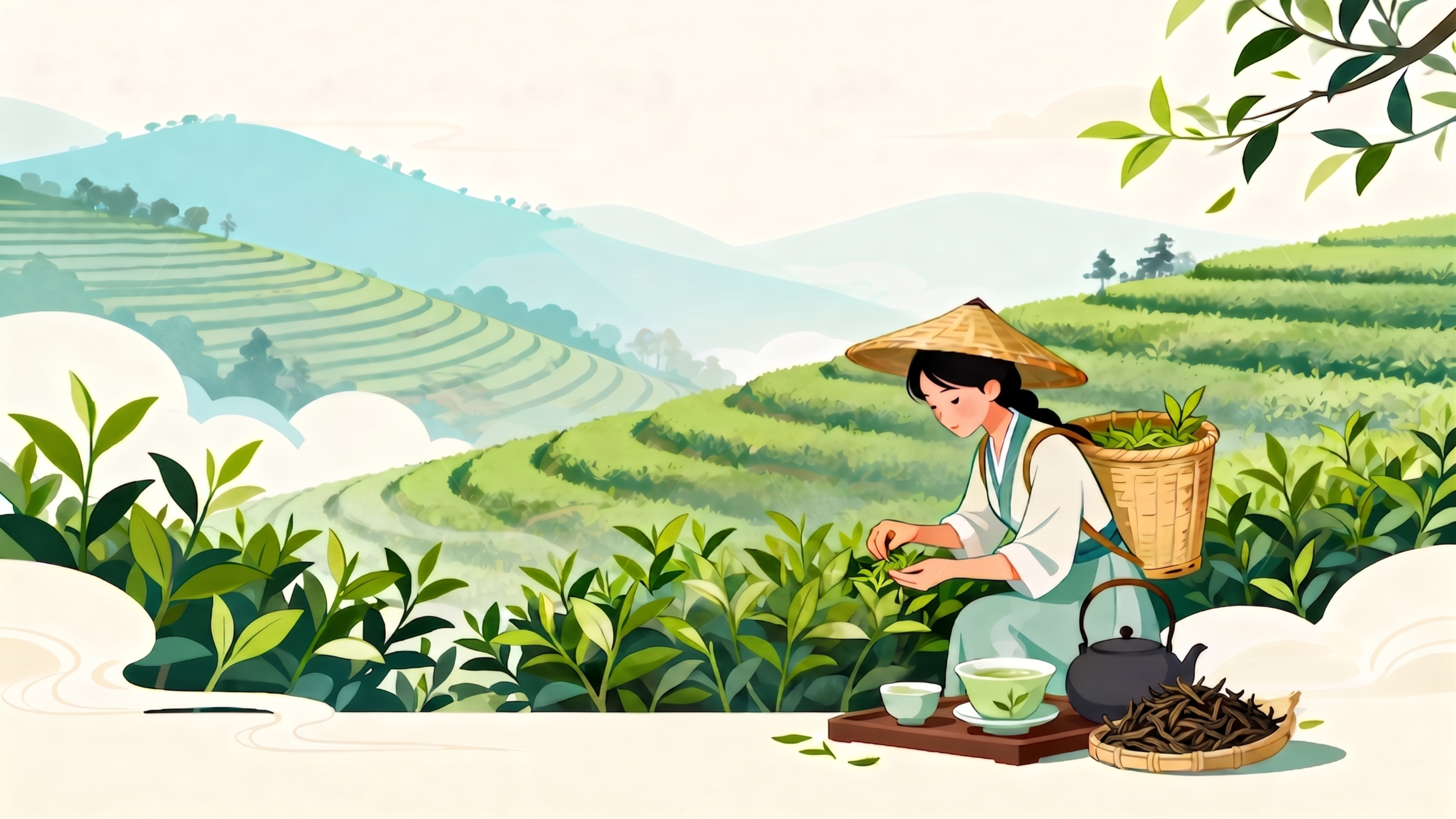 在保持原图国潮插画风格、茶山背景、人物姿态与茶具布局不变的前提… - 图片创意预览