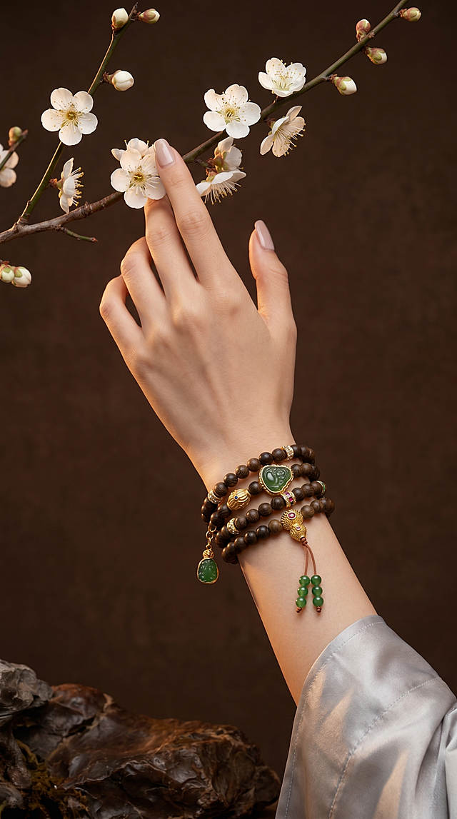 手串严格参照上传产品图https://gdesign-dam-hz.dancf.com/36656099289581661/5072e105b26b479a89edf3f5b44756ad.png，完整保留所有可见组件、部件、轮廓形状、结构、比例、木质纹理、每一个配件细节、材质质感、颜色与上传图完全一致。
中式新古典静物摄影，深色暗调背景下中式花艺场景。
保留参考图https://1.png的场景大类、承载面石质、深棕暖调核心色调、产品佩戴展示位置、侧光光影氛围。
侧光，产品受光面泛起木色暖光、暗部映射深棕色光晕，与环境物理融合。
特写居中，微侧20°视角。
全量换款清单：①人物：参考图中国女性模特手部佩戴 → 保留中国女性、东亚面孔、黑发、棕眼、自然妆感、抬手轻扶花艺的姿态，仅换浅灰缎面汉服衣袖和淡裸色美甲款式；②花枝：参考图粉色樱花 → 替换为白色梅花枝，保留木枝干、带花苞；③前景：参考图灰色假山石 → 替换为深褐色英德石，保留天然石材质感；④背景：参考图深色暗纹 → 替换为深棕色哑光肌理背景。
消除品牌文字。4K 分辨率，严格锁定宽高比为 9:16。参考相似度80%，商品手串细节和纹理完全保留不能改变