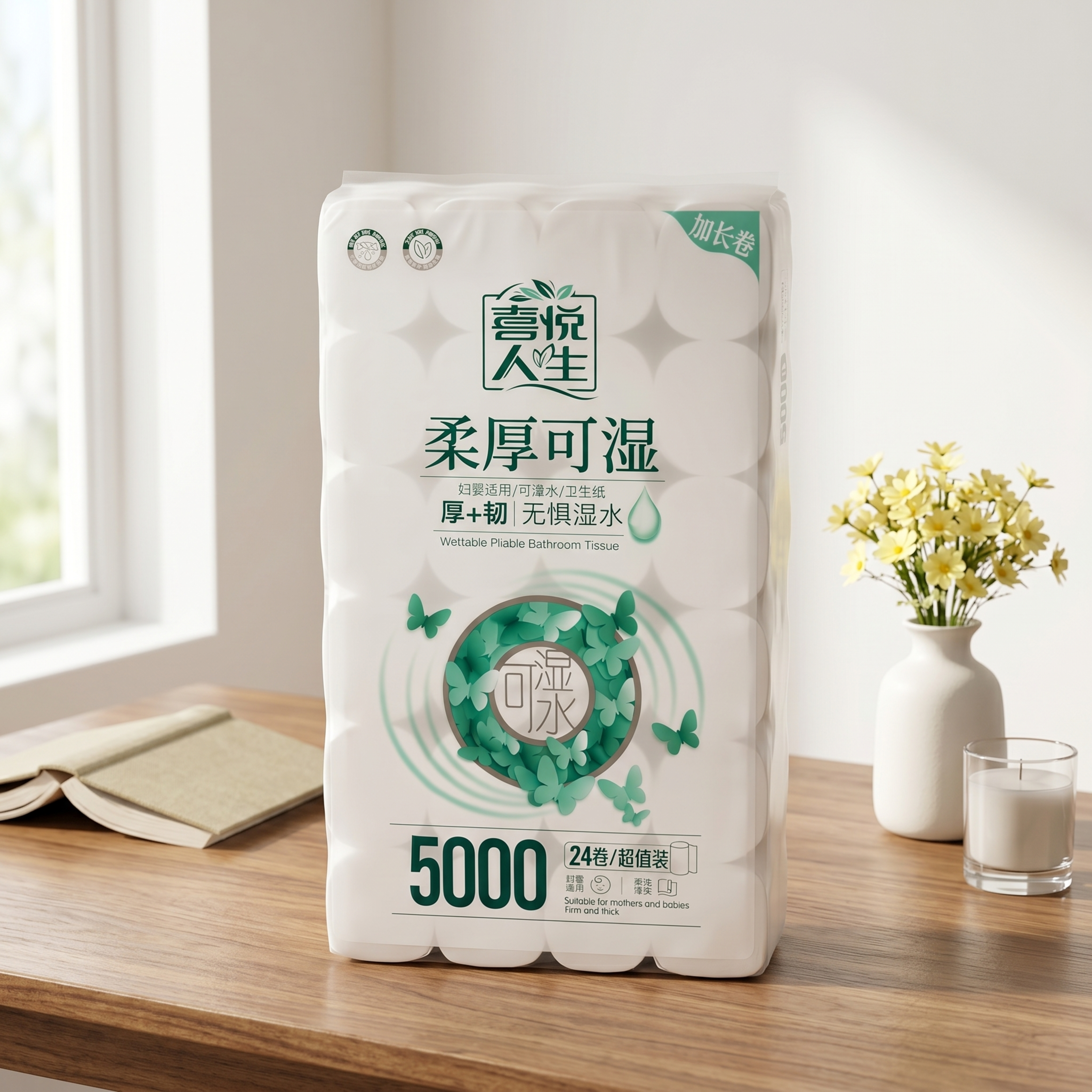 商业级产品摄影。 主体：卫生纸包装严格参照上传产品图，完整保留… - 图片创意预览