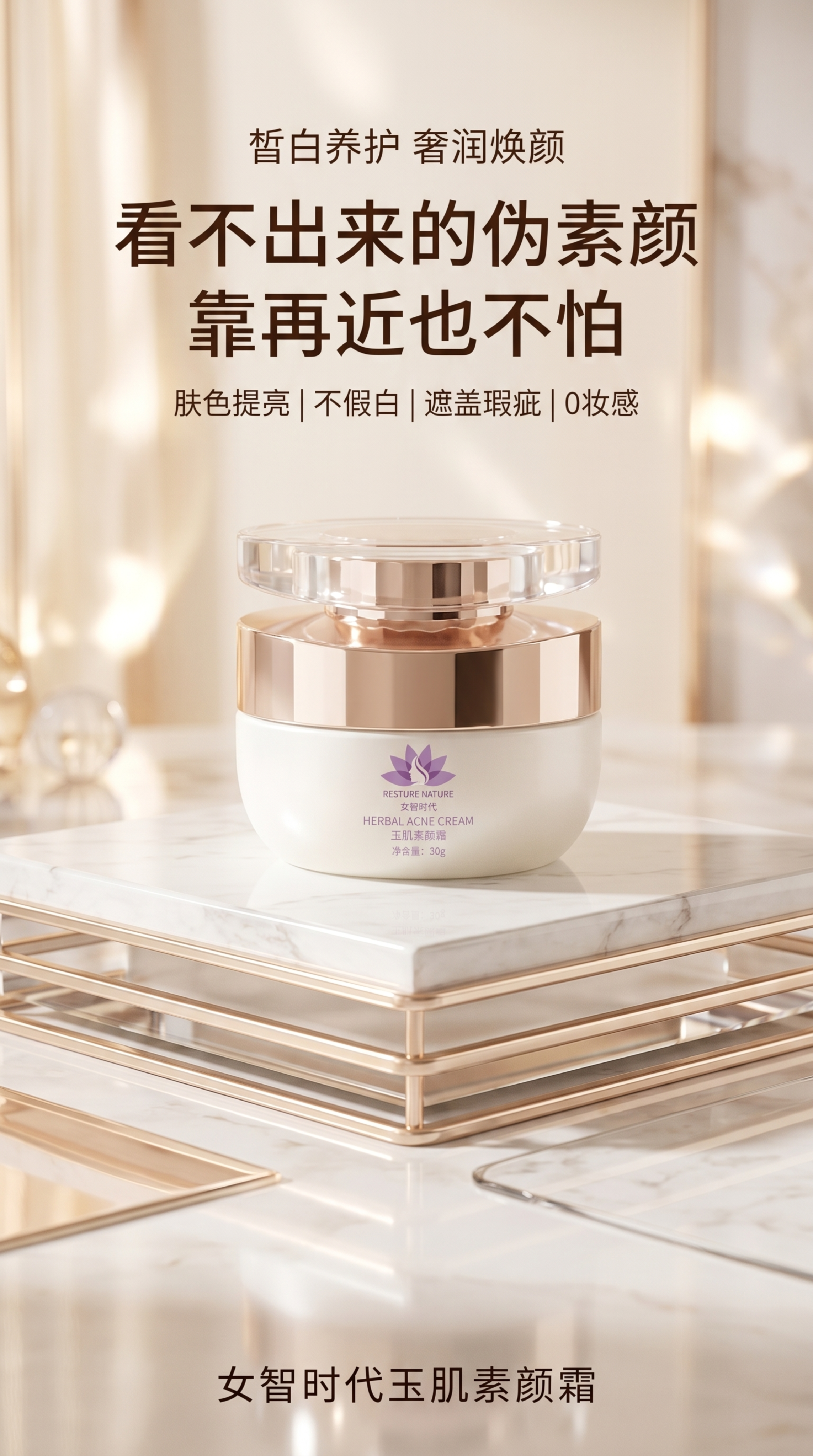 轻奢优雅美妆产品海报。 主体：玉肌素颜霜严格参照上传产品图，完… - 图片创意预览
