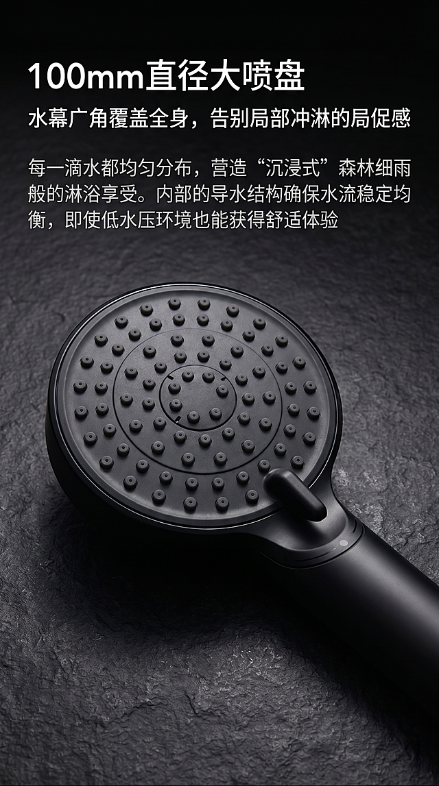 手持花洒喷头，严格参照上传产品图image1，完整保留所有可见组件、部件、轮廓形状、结构、比例、材质质感、颜色与上传图完全一致。
深黑底色静物特写详情页构图，文案排版布局参考图image2。
深灰黑色调，深色高对比风格。
文案如下：顶部大标题："100mm直径大喷盘"
副标题："水幕广角覆盖全身，告别局部冲淋的局促感"
正文文案："每一滴水都均匀分布，营造“沉浸式”森林细雨般的淋浴享受。内部的导水结构确保水流稳定均衡，即使低水压环境也能获得舒适体验"
顶光侧光，产品受光面泛起深灰色光泽、暗部映射黑色光晕，与环境物理融合。特写居中，微侧15°视角。
全量换款清单：
①人物手部：参考图image2手指按压花洒喷头 → 生成图花洒喷头作为主体单独展示，无人物手部，保留原承载面深色纹理质感
②背景：参考图黑色纹理背景 → 生成图保持黑色纹理背景，仅调整深浅层次
消除原有所有文字，替换为上述指定文案内容。4K 分辨率，严格锁定宽高比为 9:16。