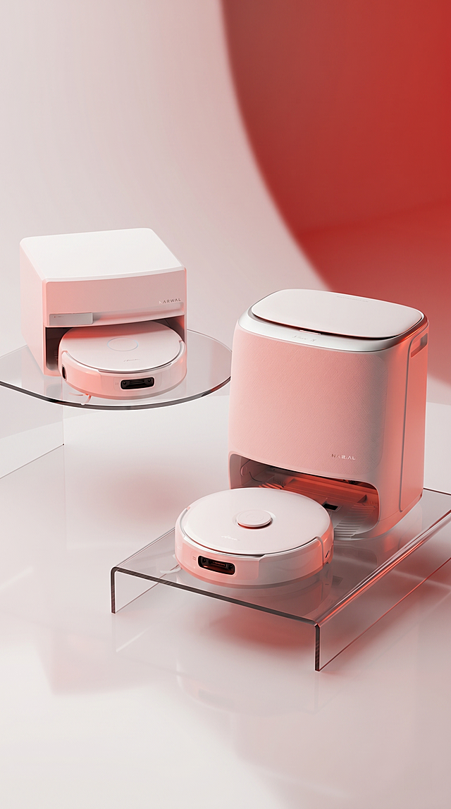 扫地机器人，严格参照上传产品图（https://gdesign-dam-hz.dancf.com/36632903008640169/4888960443d04b628e2eba3b9ee4904e.png），完整保留所有可见组件、部件、轮廓、结构、比例、材质、颜色与产品本体上的文字信息，与上传图完全一致；自然融入场景光影，与场景共处同一物理空间。
极简棚拍展示台场景，浅白+红色渐变色调。
扫地机器人置于透明展示台，保留参考图产品位置与构图，侧前方漫射光，产品受光面泛起红色，暗部映射浅白色光晕，与环境物理融合。
微侧15°视角，居中特写构图。
全量换款清单：①展示支架：参考图亚克力立牌+托台 → 生成简约高透亚克力展示架，造型不同；②背景渐变：参考图圆角渐变 → 生成同色系不同弧度柔焦渐变；③承载台面：参考图纯白色 → 保持亮白反光台面，质感一致。
清除产品本体之外多余信息。
4K分辨率，严格锁定宽高比为 9:16。