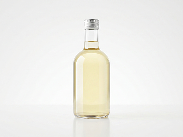 玻璃瓶果酒，严格参照上传产品图（https://gdesign-dam-hz.dancf.com/36651931226200184/50627b6395ad40cdb305915dbe70d842.jpg），完整保留瓶型、瓶盖形状轮廓、结构、比例、玻璃材质、酒液颜色，去掉瓶身上的所有标签文字，瓶身本体为透明玻璃，与原图完全一致。
场景：室内纯白桌面，极简白色调。
组合语境：单瓶果酒独立放置，参照参考图（https://gdesign-dam-hz.dancf.com/36651931226200164/452767489fca4590b4b8498f6fde44d4.jpg）的摆放结构，自然放置。
光影融合公式：正前方柔和顶光，还原参考图方向，玻璃瓶受光面泛起亮白色，暗部与边缘映射浅灰色光晕，与环境物理融合。
产品位置与构图：主体居中，中景特写构图。
动态感：静态放置，自然稳定。
视角微调：微侧 15°，相比参考图偏转 15°视角。
全量换款清单：①背景墙面：参考图纯白纯色背景 → 生成图保持纯白纯色背景；②桌面：参考图纯白反光台面 → 保持纯白反光平面材质；③瓶盖瓶塞：参考图黑色瓶盖加软木塞 → 删除该元素，保持原产品的银色螺纹瓶盖；
消除瓶身原有标签文字，瓶身保持干净透明。4K 分辨率，严格锁定宽高比为 4:3