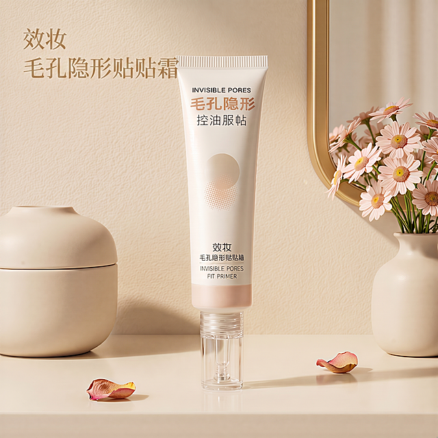 在画面左上角添加清晰的文案"效妆 毛孔隐形贴贴霜"，字体柔和高级，保留原产品和场景不变，添加文案后整体自然和谐。原图是法式奶油风卧室化妆台上的贴贴霜场景，保留全部原有元素和构图，仅增加文案。严格锁定宽高比为 1:1。