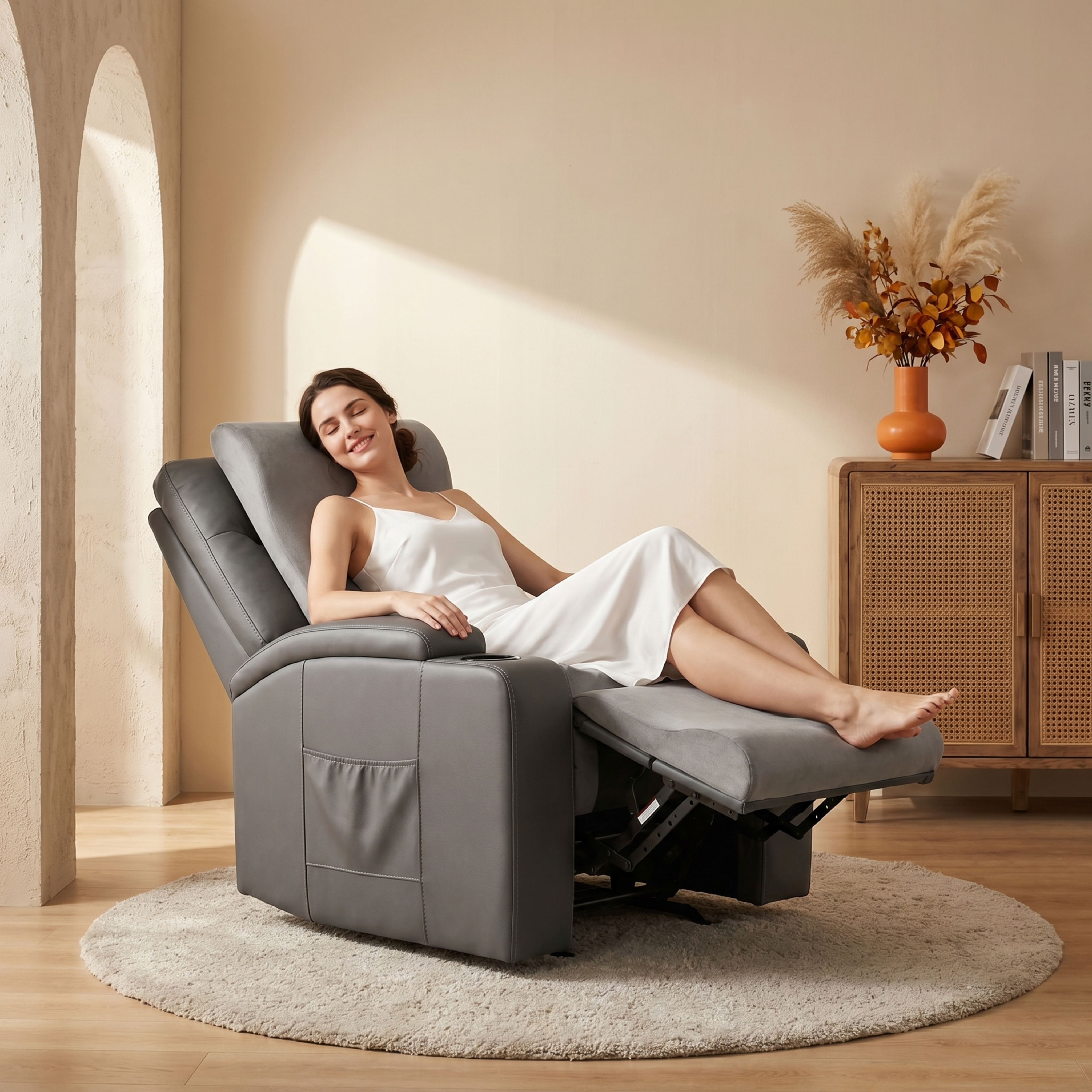 将这款灰色多功能沙发椅放入原木奶油侘寂风居家背景，奶杏色哑光低… - 图片创意预览