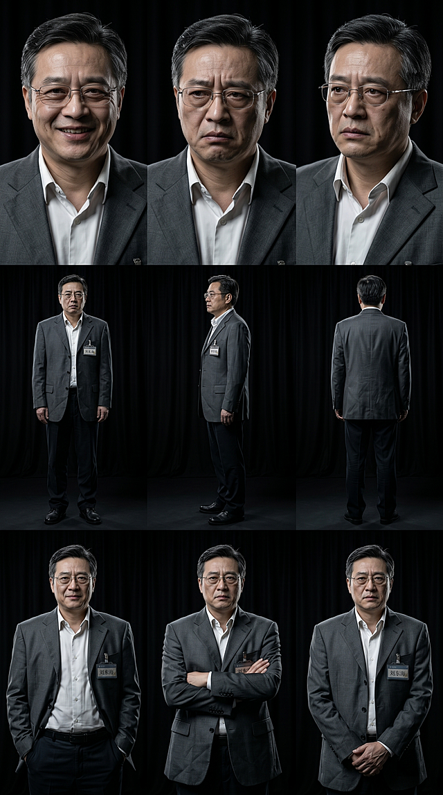 根据参考图人物，在一张图片内包含人物全身三视图（正面、侧面、背面），三种日常的不同表情特写，三种日常的不同姿势。人物皮肤质感真实细腻，自然亮泽，背景是黑色幕布，全身像，人物目视前方，画面具有视觉冲击力，光影交错，细节复杂，皮质服装细腻，高细节，采用45度侧光和轮廓光