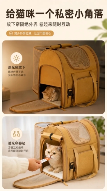 整体参考这个详情页的排版结构、配色风格、字体大小对比、留白比例、图片与文字的位置关系。
模仿它，为我的猫包设计一个详情页。

要求如下：
字体统一用‘阿里巴巴普惠体’。标题要粗，正文要细，核心Slog预览效果