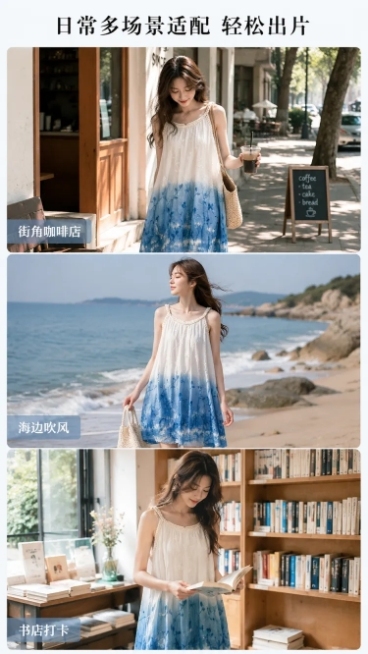 [第2屏] 详情页多场景穿搭种草，展示连衣裙在不同日常场景的上身效果。
[氛围/风格] 生活化自然氛围感，真实街拍质感，不同场景光影差异，清新治愈。
[元素布局] 采用三格竖向拼图布局，从上到下分别展预览效果
