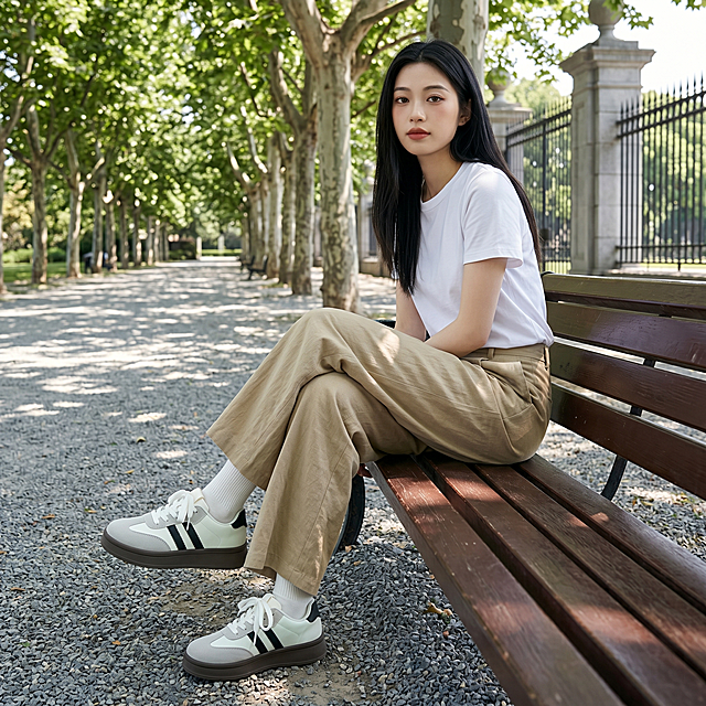 休闲板鞋，严格参照上传产品图（https://gdesign-dam-hz.dancf.com/36666327258474583/405b0848cd5f41d3acb27c74493048e9.jpg），完整保留所有可见组件、部件、轮廓形状、结构、比例、材质质感、颜色与上传图完全一致。户外公园入口步道场景，保留参考图（https://gdesign-dam-hz.dancf.com/36666329825135700/a6e15ba913a4418c9349d34fdf5a1710.jpg）的自然清新蓝绿色调，中国年轻女性模特脚穿休闲板鞋坐在公园长椅上，保留参考图侧前方自然光方向，产品受光面泛起青草绿色、暗部映射暖木棕色光晕，与环境物理融合。产品位于画面前景中心区域，微俯30°视角，阳光透过梧桐叶洒下光斑。全量换款清单：①人物：参考图黄色衬衫+白色短裤 → 生成图卡其色阔腿裤+白色圆领T恤，保留中国女性模特/东亚面孔/黑发/棕眼/自然妆感；②大树：参考图右侧粗树干 → 生成图背景两排行道梧桐树；③配景：参考图背景草地树木 → 生成图公园灰色大门+黑色铁艺栅栏；④家具：新增前景深棕色木质公园长椅。消除所有营销文字、卖点卡片。4K 分辨率，严格锁定宽高比为 1:1。