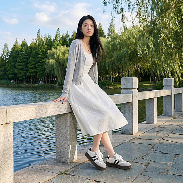休闲板鞋，严格参照上传产品图（https://gdesign-dam-hz.dancf.com/36666327258474583/405b0848cd5f41d3acb27c74493048e9.jpg），完整保留所有可见组件、部件、轮廓形状、结构、比例、材质质感、颜色与上传图完全一致。户外公园湖边树荫场景，保留参考图（https://gdesign-dam-hz.dancf.com/36666329825135700/a6e15ba913a4418c9349d34fdf5a1710.jpg）的自然清新蓝绿色调，中国年轻女性模特脚穿休闲板鞋倚靠着湖边石栏，保留参考图侧前方自然光方向，产品受光面泛起青草绿色、暗部映射湖水蓝色光晕，与环境物理融合。产品位于画面偏下区域，微侧15°抬高视角，自然微风吹动裙摆。全量换款清单：①人物：参考图黄色衬衫+白色短裤 → 生成图白色连衣裙+浅灰色针织开衫，保留中国女性模特/东亚面孔/黑发/棕眼/自然妆感/全身站立姿态；②大树：参考图右侧粗树干 → 生成图背景茂密柳树；③绿植：参考图背景成片香樟树 → 生成图背景水杉林；④地面：参考起伏树桩草地 → 生成浅灰色石质护栏+青石板步道。消除所有营销文字、卖点卡片。4K 分辨率，严格锁定宽高比为 1:1。