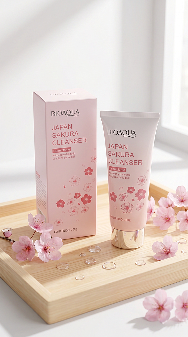 Strictly preserve all text, logos "BIOAOUA", and packaging details from the reference image. The sakura cleanser tube and paper box elegantly placed on a light-colored wooden tray (hinoki wood). Surrounded by a few fresh sakura blossoms and clear water droplets. Soft natural daylight coming from a window, clean white background, Japanese aesthetic, soft focus