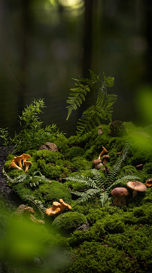 生成森林苔藓绿植背景图，保留参考图的骨架与氛围感：深绿色森林自然场景，底部铺满绿色苔藓绿植，点缀蕨类植物叶片，整体自然深绿色调，散置小石块和野生蘑菇，柔和顶侧自然光，光影和氛围和参考图保持一致，替换所有菜品和文字，只保留纯背景，全量换款所有植物，相同品类不同造型，生成和参考图风格一致的森林苔藓绿植布景背景，4K写实摄影，严格锁定宽高比为 9:16