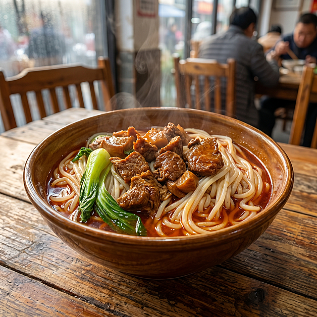 超写实美食摄影。
主体：常德牛肉米粉严格参照上传产品图，完整保留米粉、牛肉块、青菜、红汤、陶碗所有组件、轮廓、结构、比例、材质、颜色与产品本体信息，牛肉颗粒饱满油亮，米粉根根分明，与上传图完全一致。清除原图多余的桌面背景，保留完整的米粉与碗体。
构图：45度俯拍，牛肉米粉为第一视觉焦点，完整不裁切。
风格：暖调烟火气美食风。
场景：质朴木纹餐桌面，家常餐馆用餐氛围，充满食欲的市井烟火感。
空间：①牛肉米粉陶碗放置在浅棕色原木餐桌中央；②背景虚化模糊处理，突出主体美食。
配色/材质：红棕色汤汁、深棕原木、奶白米粉、翠绿青菜、陶土棕色；原木/陶瓷/鲜牛肉/米粉。
光影：主光从斜前方45度照射，突显牛肉油亮光泽与汤汁红油光泽，暖调明亮光线，增强食欲感，无明显硬阴影。
严格锁定宽高比为 1:1。