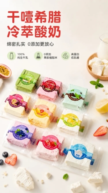 使用商品详情页技能根据商品图「图片1」「图片1」「图片1」「图片1」「图片1」「图片1」「图片1」「图片1」「图片1」「图片1」生成1套详情页，参考图为，商品名称为干噎酸奶，希腊冷萃酸奶，卖点为低温慢预览效果