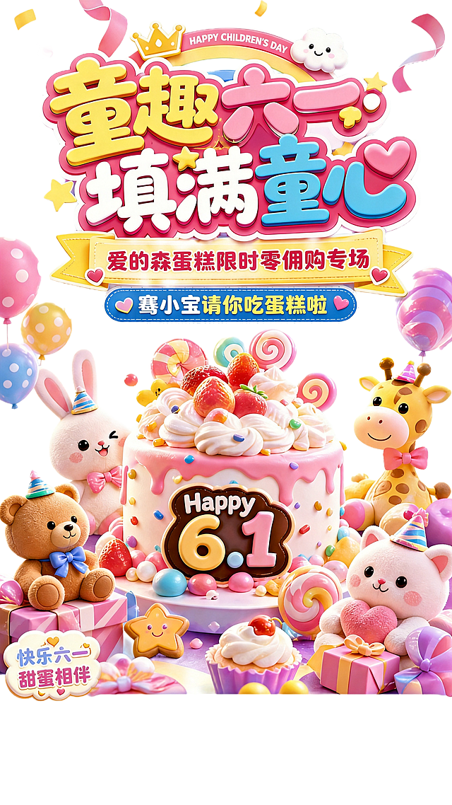 在原图基础上，将小标题中的'巽小宝请你吃蛋糕啦'改为'骞小宝请你吃蛋糕啦'，保持整体六一可爱风风格、色彩搭配和排版不变，仅修正文字内容