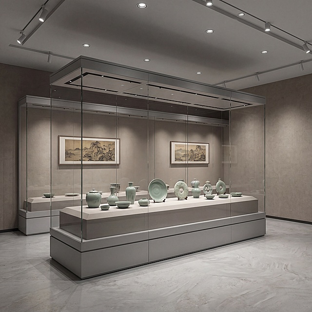 博物馆通柜展示柜，严格参照上传产品图（image1），完整保留所有可见组件、部件、轮廓形状、结构、比例、材质质感、颜色与上传图完全一致，自然融入场景光影，与场景共处同一物理空间。
室内博物馆展厅空间，浅灰高级冷色调。
保留参考图（image2）的古董文物展示场景大类、承载面材质大类、色调、产品位置、组合语境和光影氛围，整体相似度50%，全量替换所有可见元素的款式。
顶光漫射光源（还原参考图方向），产品受光面泛起浅灰冷色、暗部映射深灰阴影光晕，与环境物理融合。居中展示，微侧15°视角。
全量换款清单：①背景挂画：参考图两幅山水古画 → 生成图两幅不同的宋代山水小品装裱；②古董文物：参考图多种陶瓷罐器 → 生成图不同造型的青釉陶瓷文物与玉璧摆件，数量保持相近；③墙面：参考图浅米色展墙 → 生成图暖米灰色肌理展墙；④天花板：参考图同风格嵌入式轨道射灯 → 生成图不同排列的嵌入式筒灯轨道；⑤地面：参考图浅灰色水泥地 → 生成图同材质不同纹理的浅灰色自流平地。
清除产品本体外所有营销文字、广告语和联系方式。4K分辨率，严格锁定宽高比为 1:1。