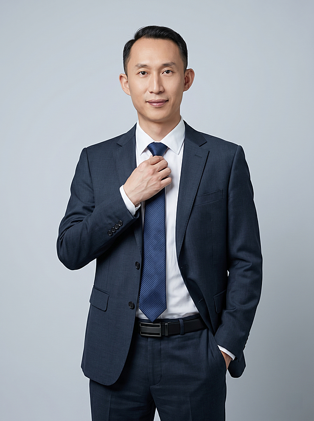 参考图中保留人物脸型、发型、年龄等特征生成职场形象照,标准焦段50mm,f/4光圈(f/2.8-f/4区间),平视视角(镜头与人物视线齐平);人物占画面70%,人物居中(居中构图),位于画面中心,为视觉聚焦点,入境范围头部及以下至臀部下方10cm(半身像);左右留少量背景空间;头部与画面顶部保留5%空间;头部发型完整,头肩比例协调,人物结构准确;发质微微柔顺，微微蓬松。身穿精纺羊毛混纺面料的深墨蓝色西装外套(含5%桑蚕丝提升柔光质感),平驳领(商务感正式感),左胸袋无口袋巾(简化高级感),西装下摆自然垂度;内搭长绒棉白色衬衫(温莎领),袖口贴合手腕1cm(无堆叠);搭配精致且高级的深蓝色斜向微微渐隐光泽感极细条纹商务感领带(丝提花材质,低饱和柔光渐隐);下装精纺羊毛混纺面料的深墨蓝色高腰直筒西裤(面料同西装);搭配黑色哑光头层牛皮皮带(宽2.5cm),带扣为长方形拉丝黑色金属(1.8cm×3cm) ，着装正式干练;专业稳重;身形匀称,姿态端正,身体挺拔。呈一手轻调整领带,另一手插于裤兜的站立姿势，肢体放松且自信;简约冷调浅灰色纯色背景(呈现均匀柔和质感),背景光线均匀柔和,强化色彩对比的高级感。极简干净;画质超高分辨率、细节清晰,现代精致感风格;肤质精细化处理;眼神直视镜头,目光坚定且澄澈,表情自然。嘴角上扬;肤质自然细腻,肤色健康均匀,皮肤状态清爽干净,保留真实皮肤细节｡正面柔光补光,4800K中性光,面部光比1:1.5｡中近景写实摄影,对焦清晰,面部雾面柔光,轻透裸肌感,高清保留皮肤细节｡分辨率4K,去除人物之外的所有元素。严格按照图片内容生成。画面比例3:4