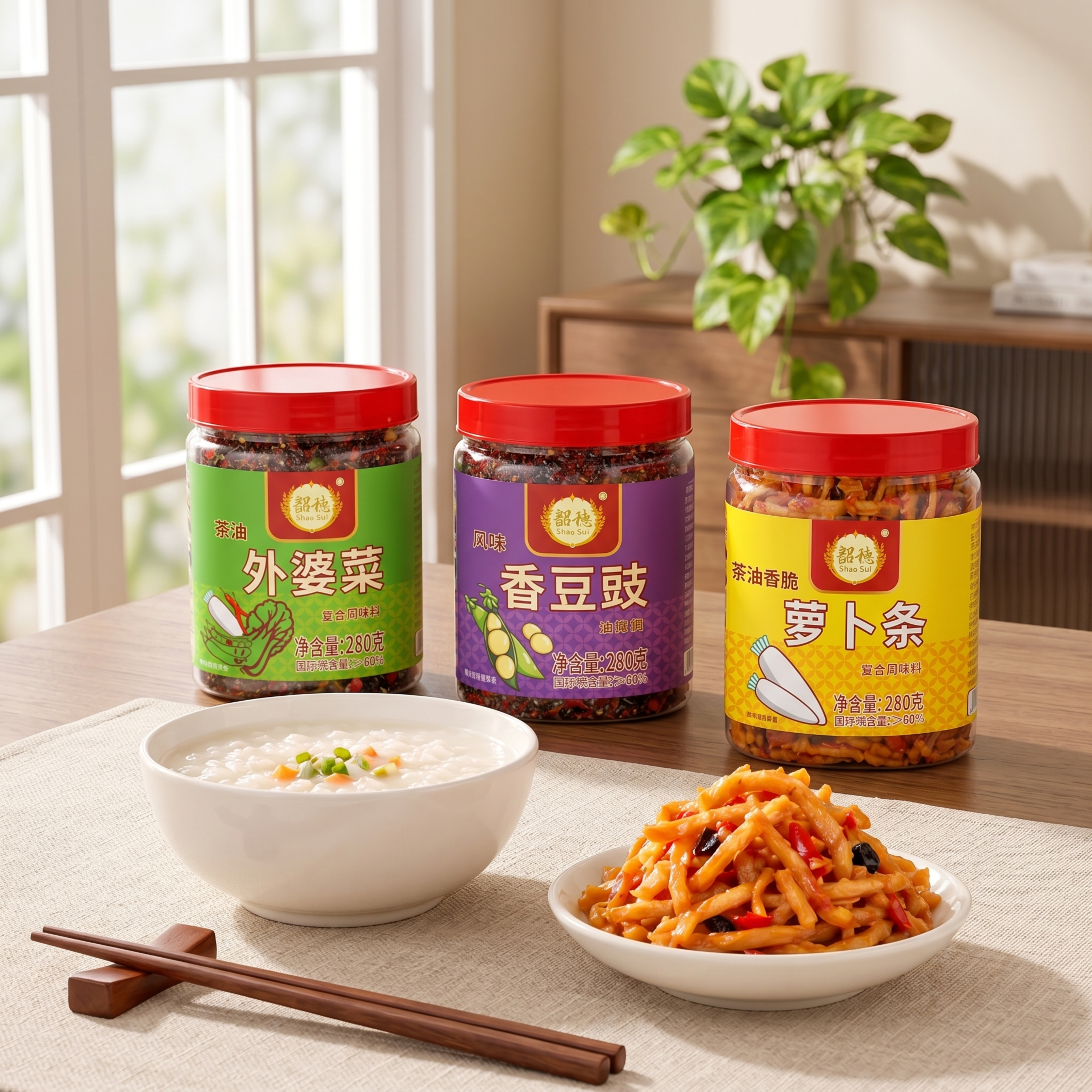 三瓶下饭菜酱菜，严格参照上传产品图，完整保留所有可见组件、部件… - 图片创意预览