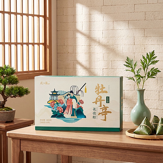 新中式轻奢风格端午礼品场景摄影。
主体：粽子礼盒严格参照上传产品图，完整保留所有可见组件、部件、轮廓、结构、比例、材质、颜色与产品本体上的文字信息，与上传图完全一致；自然融入场景光影，与场景共处同一物理空间；产品占画面约65%，完整不裁切，背景无其他同类粽子产品。
构图：微侧10°平视，黄金分割构图。
风格：新中式轻奢风，适合端午送礼。
场景：现代中式客厅茶几桌面，端午佳节送礼氛围。
空间承载：①礼盒放置在茶几中央，②茶几为浅胡桃实木，③背景为浅米白文化砖墙面，④左后方有一扇木框格窗透入自然光。
陪衬软装：①茶几右侧，一只青瓷小花瓶插着两支新鲜艾草，②花瓶旁放着一个小号竹编托盘放着三颗新鲜粽子，③背景墙角摆放一个小型迎客松盆栽。
配色 / 材质：浅胡桃棕 / 米白 / 青瓷绿 / 艾叶绿；实木 / 文化砖 / 陶瓷 / 竹编。
光影：主光从左侧木窗斜入45°，暖调晨光，照亮礼盒正面，辅光为右侧墙面柔和反光，整体明亮温暖，细腻清晰呈现礼盒印刷细节与包装材质。
严格锁定宽高比为 1:1